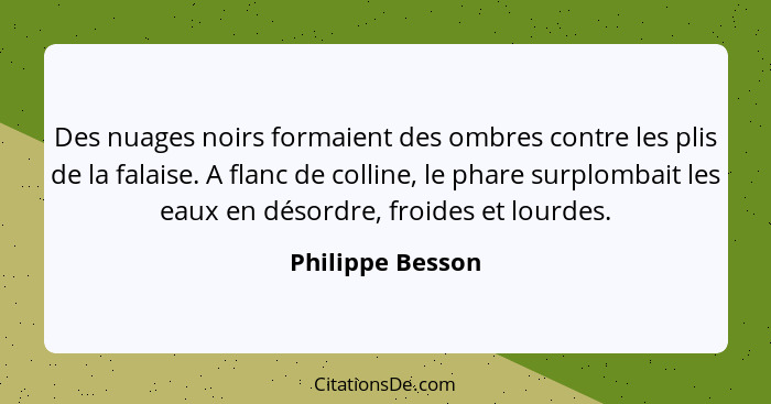 Des nuages noirs formaient des ombres contre les plis de la falaise. A flanc de colline, le phare surplombait les eaux en désordre,... - Philippe Besson