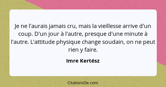 Je ne l'aurais jamais cru, mais la vieillesse arrive d'un coup. D'un jour à l'autre, presque d'une minute à l'autre. L'attitude physiqu... - Imre Kertész