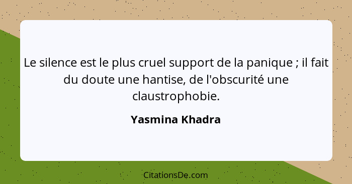 Le silence est le plus cruel support de la panique ; il fait du doute une hantise, de l'obscurité une claustrophobie.... - Yasmina Khadra