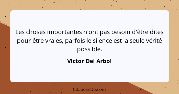 Les choses importantes n'ont pas besoin d'être dites pour être vraies, parfois le silence est la seule vérité possible.... - Victor Del Arbol