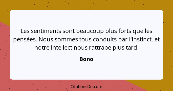 Les sentiments sont beaucoup plus forts que les pensées. Nous sommes tous conduits par l'instinct, et notre intellect nous rattrape plus tard.... - Bono