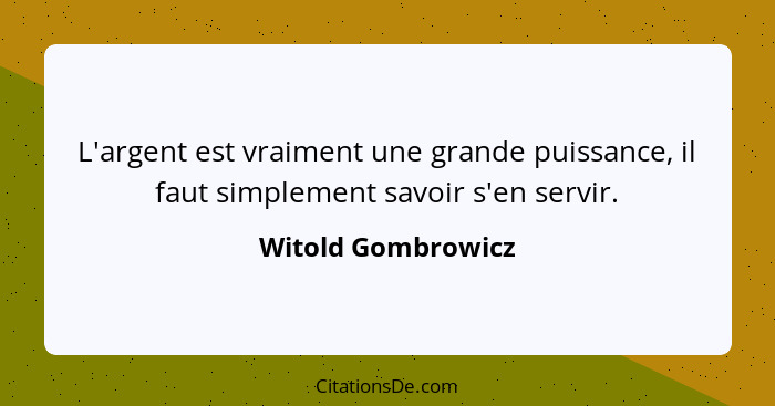 L'argent est vraiment une grande puissance, il faut simplement savoir s'en servir.... - Witold Gombrowicz