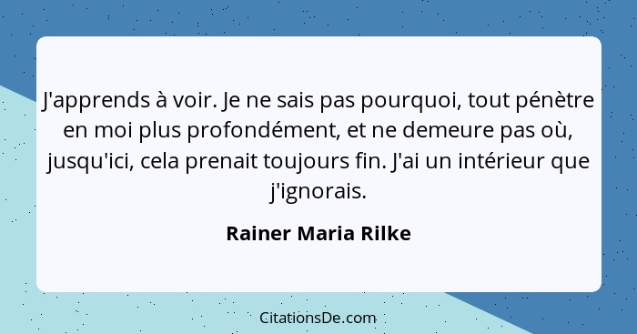 J'apprends à voir. Je ne sais pas pourquoi, tout pénètre en moi plus profondément, et ne demeure pas où, jusqu'ici, cela prenait... - Rainer Maria Rilke