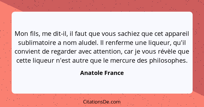 Mon fils, me dit-il, il faut que vous sachiez que cet appareil sublimatoire a nom aludel. Il renferme une liqueur, qu'il convient de... - Anatole France