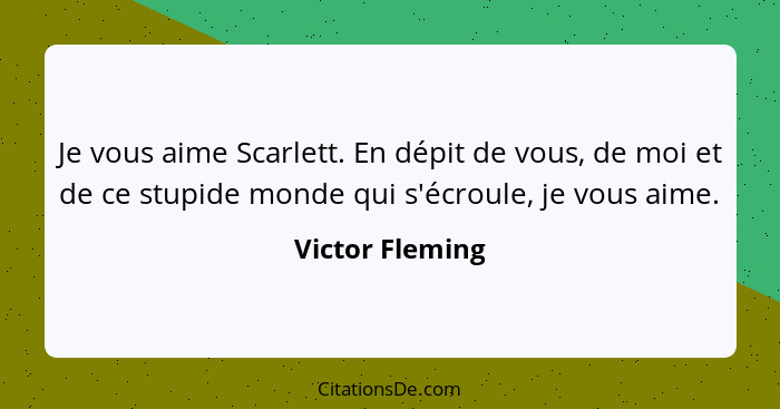 Je vous aime Scarlett. En dépit de vous, de moi et de ce stupide monde qui s'écroule, je vous aime.... - Victor Fleming