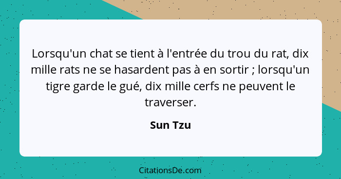 Lorsqu'un chat se tient à l'entrée du trou du rat, dix mille rats ne se hasardent pas à en sortir ; lorsqu'un tigre garde le gué, dix m... - Sun Tzu