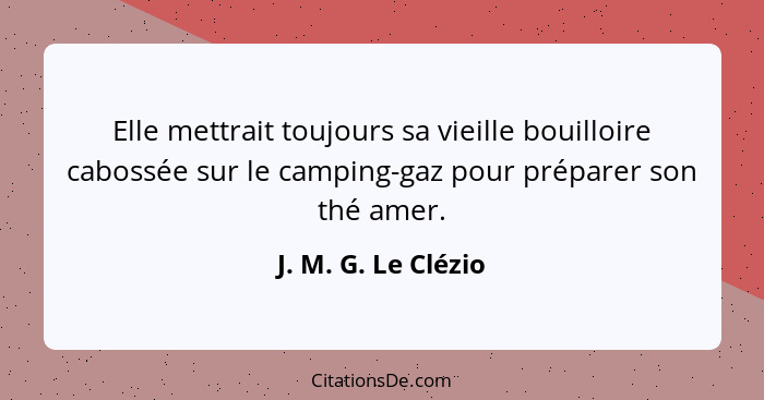 Elle mettrait toujours sa vieille bouilloire cabossée sur le camping-gaz pour préparer son thé amer.... - J. M. G. Le Clézio