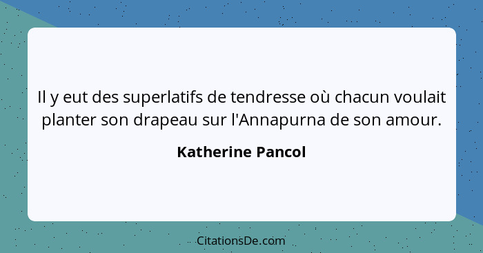 Il y eut des superlatifs de tendresse où chacun voulait planter son drapeau sur l'Annapurna de son amour.... - Katherine Pancol