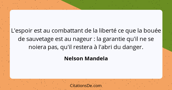 L'espoir est au combattant de la liberté ce que la bouée de sauvetage est au nageur : la garantie qu'il ne se noiera pas, qu'il... - Nelson Mandela