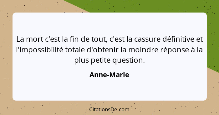 La mort c'est la fin de tout, c'est la cassure définitive et l'impossibilité totale d'obtenir la moindre réponse à la plus petite questio... - Anne-Marie