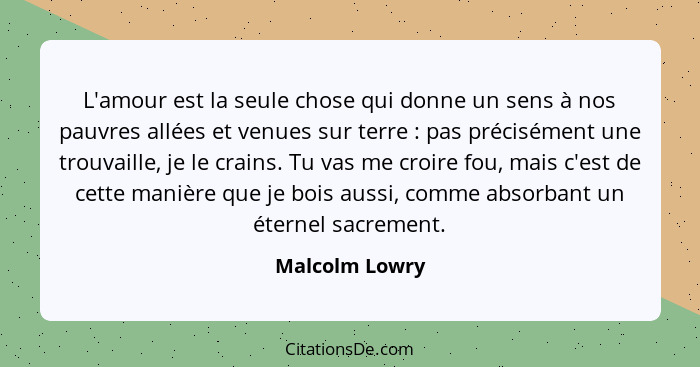 L'amour est la seule chose qui donne un sens à nos pauvres allées et venues sur terre : pas précisément une trouvaille, je le cra... - Malcolm Lowry