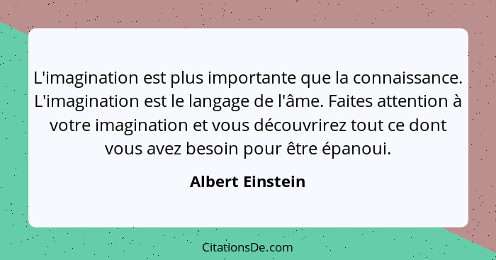 L'imagination est plus importante que la connaissance. L'imagination est le langage de l'âme. Faites attention à votre imagination e... - Albert Einstein