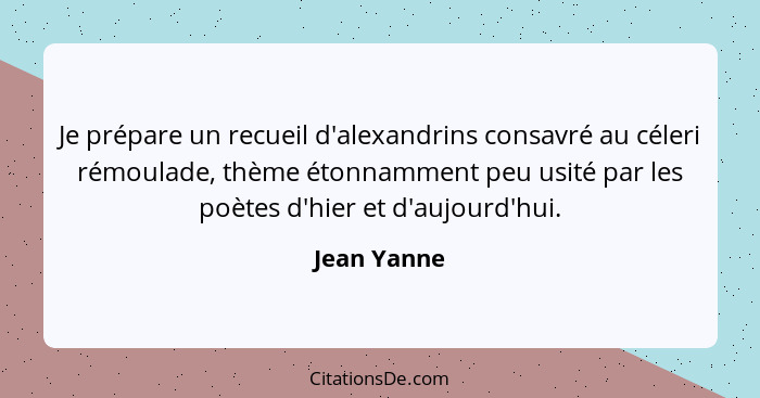Je prépare un recueil d'alexandrins consavré au céleri rémoulade, thème étonnamment peu usité par les poètes d'hier et d'aujourd'hui.... - Jean Yanne