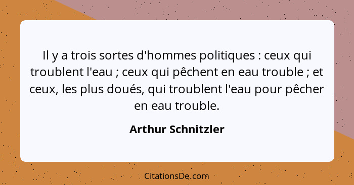 Il y a trois sortes d'hommes politiques : ceux qui troublent l'eau ; ceux qui pêchent en eau trouble ; et ceux, les... - Arthur Schnitzler