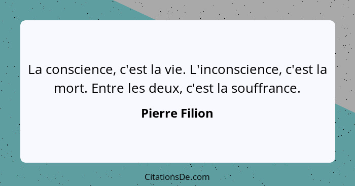 La conscience, c'est la vie. L'inconscience, c'est la mort. Entre les deux, c'est la souffrance.... - Pierre Filion