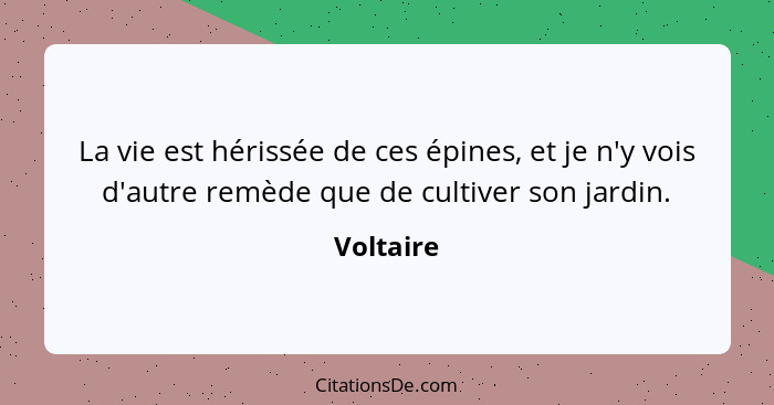 La vie est hérissée de ces épines, et je n'y vois d'autre remède que de cultiver son jardin.... - Voltaire