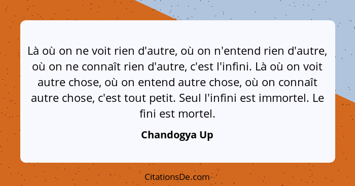 Là où on ne voit rien d'autre, où on n'entend rien d'autre, où on ne connaît rien d'autre, c'est l'infini. Là où on voit autre chose, o... - Chandogya Up