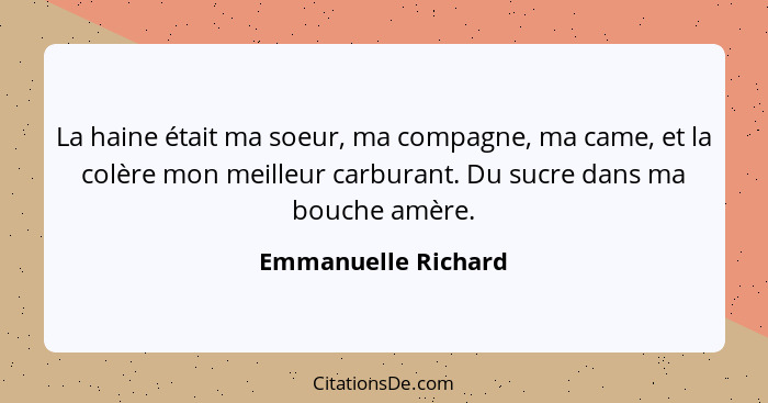 La haine était ma soeur, ma compagne, ma came, et la colère mon meilleur carburant. Du sucre dans ma bouche amère.... - Emmanuelle Richard