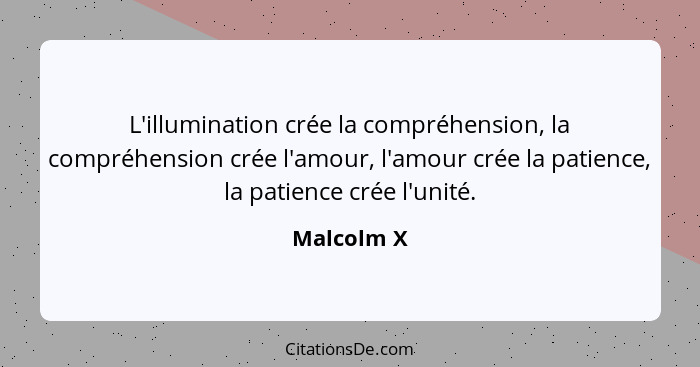 L'illumination crée la compréhension, la compréhension crée l'amour, l'amour crée la patience, la patience crée l'unité.... - Malcolm X