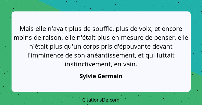 Mais elle n'avait plus de souffle, plus de voix, et encore moins de raison, elle n'était plus en mesure de penser, elle n'était plus... - Sylvie Germain