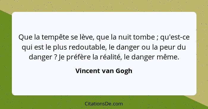 Que la tempête se lève, que la nuit tombe ; qu'est-ce qui est le plus redoutable, le danger ou la peur du danger ? Je pré... - Vincent van Gogh