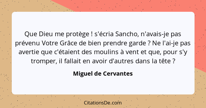 Que Dieu me protège ! s'écria Sancho, n'avais-je pas prévenu Votre Grâce de bien prendre garde ? Ne l'ai-je pas averti... - Miguel de Cervantes