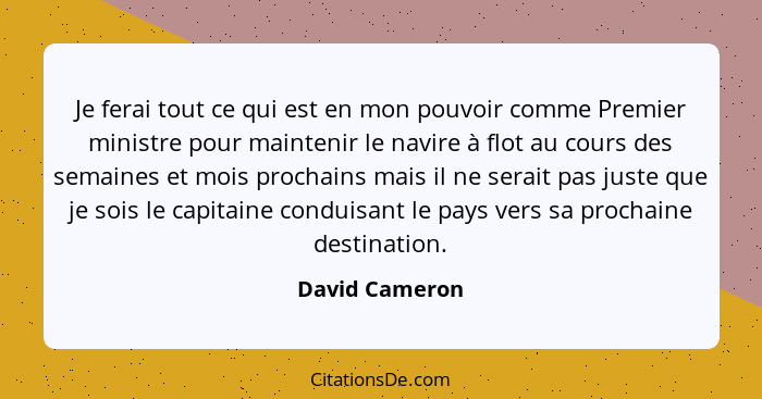 Je ferai tout ce qui est en mon pouvoir comme Premier ministre pour maintenir le navire à flot au cours des semaines et mois prochains... - David Cameron