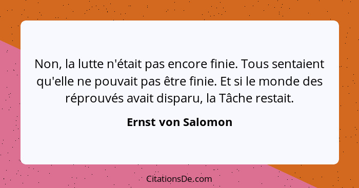 Non, la lutte n'était pas encore finie. Tous sentaient qu'elle ne pouvait pas être finie. Et si le monde des réprouvés avait dispa... - Ernst von Salomon