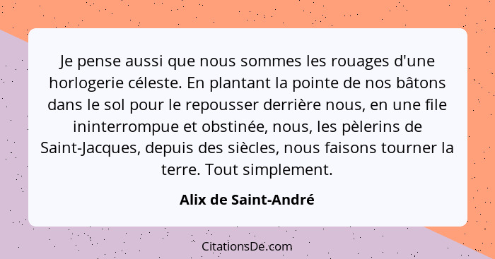 Je pense aussi que nous sommes les rouages d'une horlogerie céleste. En plantant la pointe de nos bâtons dans le sol pour le rep... - Alix de Saint-André