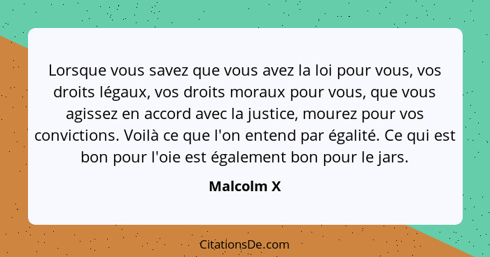 Lorsque vous savez que vous avez la loi pour vous, vos droits légaux, vos droits moraux pour vous, que vous agissez en accord avec la just... - Malcolm X