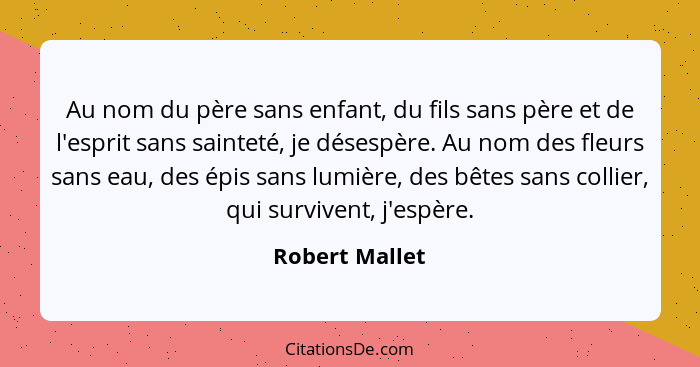 Au nom du père sans enfant, du fils sans père et de l'esprit sans sainteté, je désespère. Au nom des fleurs sans eau, des épis sans lu... - Robert Mallet