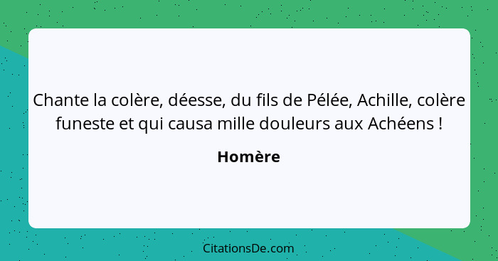 Chante la colère, déesse, du fils de Pélée, Achille, colère funeste et qui causa mille douleurs aux Achéens !... - Homère