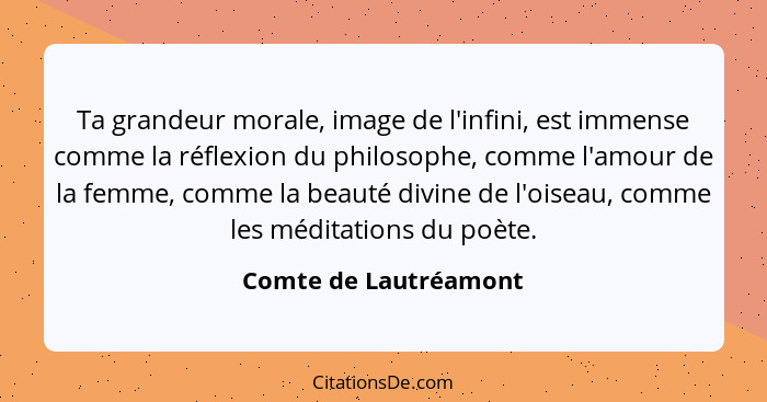 Ta grandeur morale, image de l'infini, est immense comme la réflexion du philosophe, comme l'amour de la femme, comme la beauté... - Comte de Lautréamont