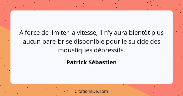 A force de limiter la vitesse, il n'y aura bientôt plus aucun pare-brise disponible pour le suicide des moustiques dépressifs.... - Patrick Sébastien