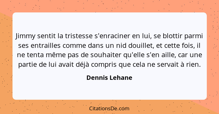 Jimmy sentit la tristesse s'enraciner en lui, se blottir parmi ses entrailles comme dans un nid douillet, et cette fois, il ne tenta m... - Dennis Lehane