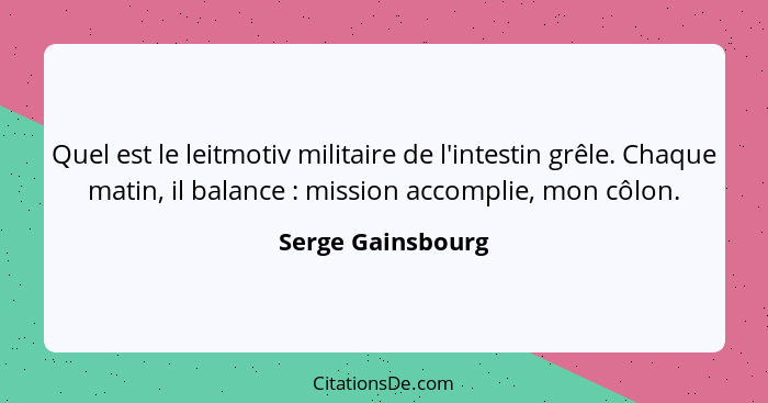 Quel est le leitmotiv militaire de l'intestin grêle. Chaque matin, il balance : mission accomplie, mon côlon.... - Serge Gainsbourg