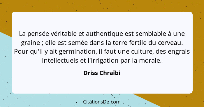 La pensée véritable et authentique est semblable à une graine ; elle est semée dans la terre fertile du cerveau. Pour qu'il y ait... - Driss Chraïbi