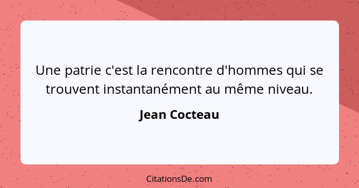 Une patrie c'est la rencontre d'hommes qui se trouvent instantanément au même niveau.... - Jean Cocteau