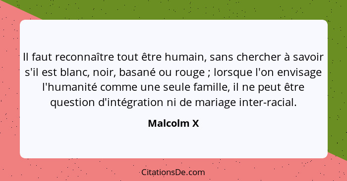 Il faut reconnaître tout être humain, sans chercher à savoir s'il est blanc, noir, basané ou rouge ; lorsque l'on envisage l'humanité... - Malcolm X