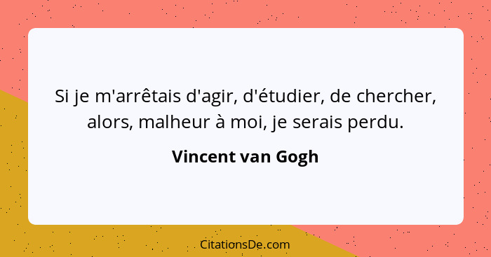 Si je m'arrêtais d'agir, d'étudier, de chercher, alors, malheur à moi, je serais perdu.... - Vincent van Gogh
