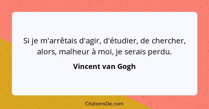 Si je m'arrêtais d'agir, d'étudier, de chercher, alors, malheur à moi, je serais perdu.... - Vincent van Gogh