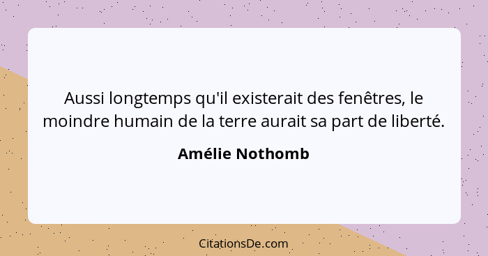 Aussi longtemps qu'il existerait des fenêtres, le moindre humain de la terre aurait sa part de liberté.... - Amélie Nothomb