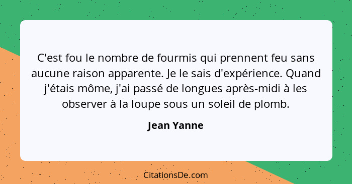 C'est fou le nombre de fourmis qui prennent feu sans aucune raison apparente. Je le sais d'expérience. Quand j'étais môme, j'ai passé de... - Jean Yanne