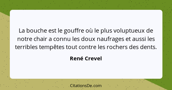 La bouche est le gouffre où le plus voluptueux de notre chair a connu les doux naufrages et aussi les terribles tempêtes tout contre les... - René Crevel