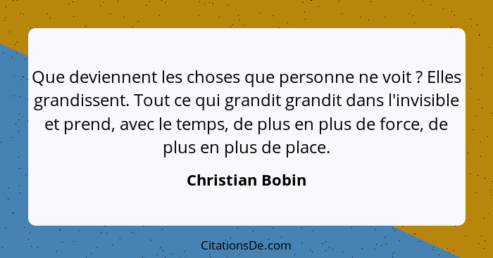 Que deviennent les choses que personne ne voit ? Elles grandissent. Tout ce qui grandit grandit dans l'invisible et prend, avec... - Christian Bobin