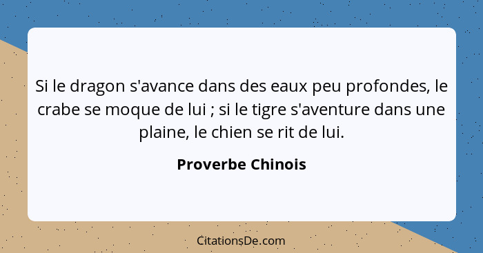 Si le dragon s'avance dans des eaux peu profondes, le crabe se moque de lui ; si le tigre s'aventure dans une plaine, le chien... - Proverbe Chinois