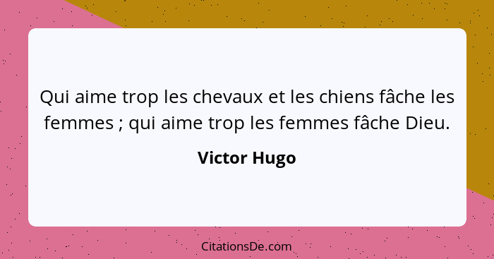 Qui aime trop les chevaux et les chiens fâche les femmes ; qui aime trop les femmes fâche Dieu.... - Victor Hugo