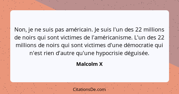 Non, je ne suis pas américain. Je suis l'un des 22 millions de noirs qui sont victimes de l'américanisme. L'un des 22 millions de noirs qu... - Malcolm X