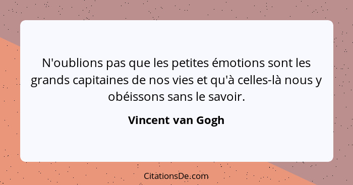 N'oublions pas que les petites émotions sont les grands capitaines de nos vies et qu'à celles-là nous y obéissons sans le savoir.... - Vincent van Gogh