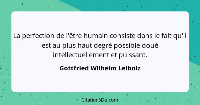 La perfection de l'être humain consiste dans le fait qu'il est au plus haut degré possible doué intellectuellement et puis... - Gottfried Wilhelm Leibniz